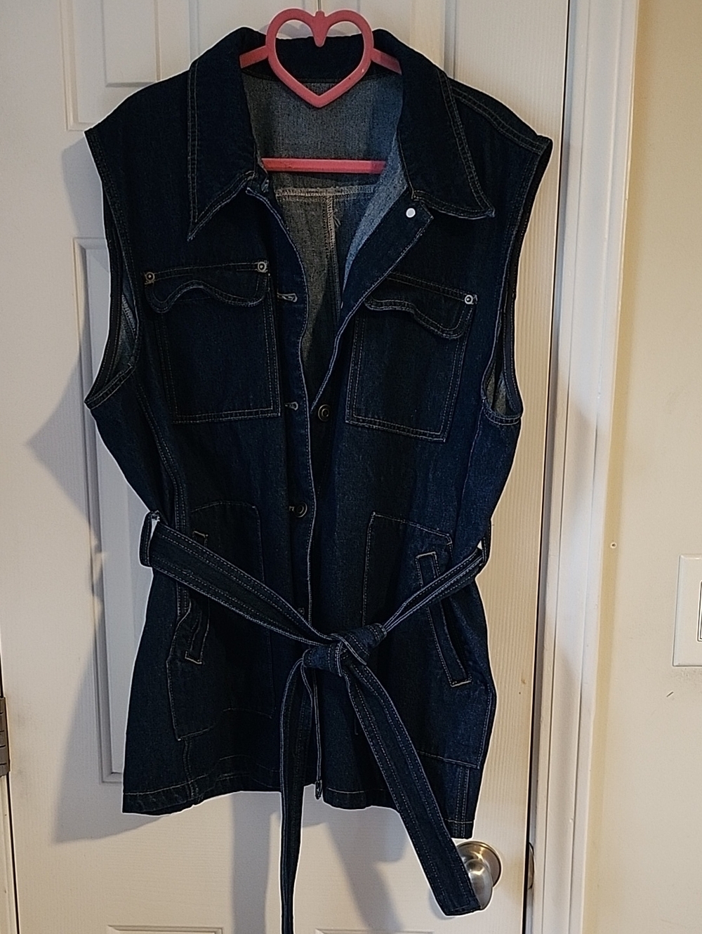 Sleeveless Dark Wash Denim Vest with Belt